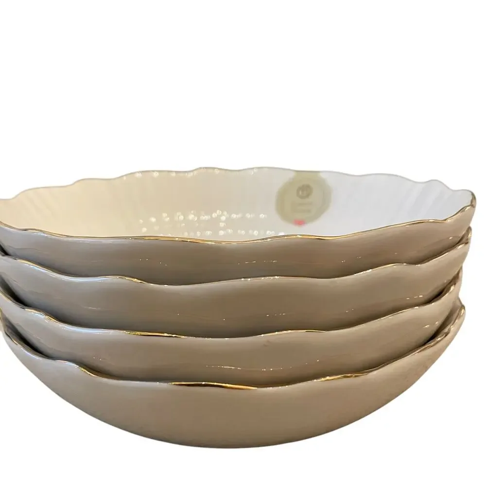 Eaton Fine Dining Porcelain 8.5in Pasta Bowl Set of 4 Aubrey White Gold Trim New
